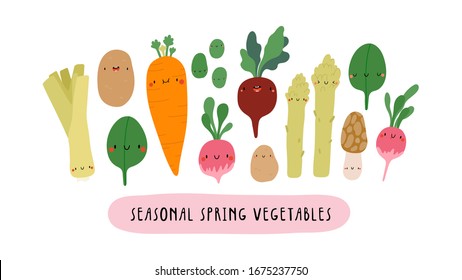 Vector illustration with Seasonal Spring Vegetables on a white background. Smiley cartoon food characters - Leek, Baby Potato, Spinach, Carrot, Beet, Sweet Beans, Radish. Healthy vegetables banner.