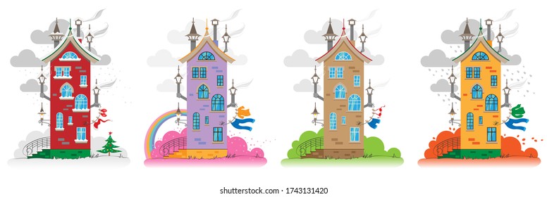 Ilustración vectorial de las estaciones sobre el ejemplo de casas coloridas al estilo de las caricaturas aisladas en un fondo blanco