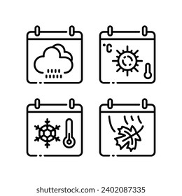 vector illustration of seasons, summer, rainy, winter and autumn calendar icons, in line style.