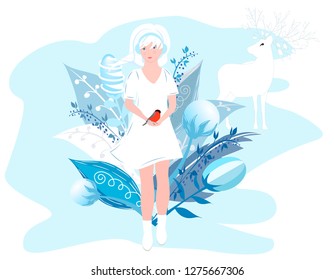 Vector Illustration Of Seasons. Winter girl in a white dress holding a bird in her hands. Cute girl with white hair on a background of abstract winter plants