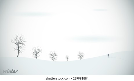 Vector illustration, seasons of the year, flat design, contrast colors, winter environment, empty nature, naked trees, walking man