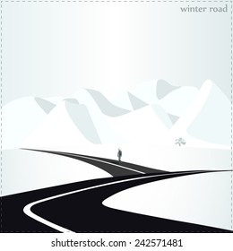 Vector illustration, seasons of the year, flat design, bright contrast colors, winter environment, nature, man walking along the road, mountains
