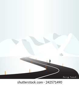 Vector illustration, seasons of the year, flat design, bright contrast colors, winter environment, nature, man walking along the road, mountains