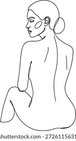 Ilustración vectorial de icono de figura sentada con vista posterior, peinado de moño, estilo de línea minimalista y elemento de diseño de postura tranquila