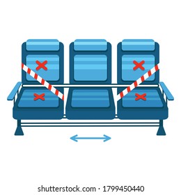 Vector illustration, Seats in the waiting room with markings and restrictive tape. Social distance, coronavirus. Stop signs, restrictions