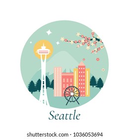 Vector illustration of Seattle city with landmarks.