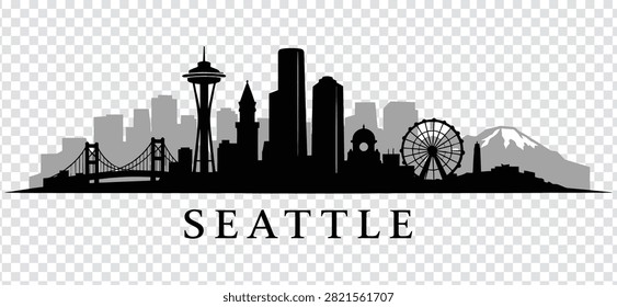 Vector illustration of the Seattle city skyline silhouette featuring iconic landmarks like the Space Needle, Great Wheel, and Mount Rainier.