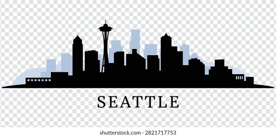 Vector illustration of the Seattle city skyline silhouette, featuring iconic buildings and the Space Needle, isolated on a transparent background.