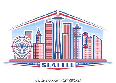 Vector illustration of Seattle, horizontal poster with outline design seattle city scape on day time background, urban line art concept with unique letters for word seattle and decorative stars in row