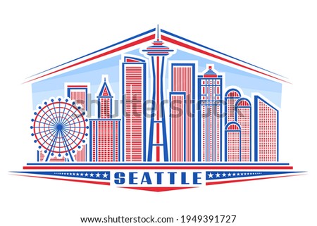 Vector illustration of Seattle, horizontal poster with outline design seattle city scape on day time background, urban line art concept with unique letters for word seattle and decorative stars in row