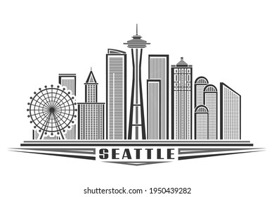 Vector illustration of Seattle, monochrome horizontal poster with outline design of seattle city scape, urban line art concept with unique decorative letters for black word seattle on white background