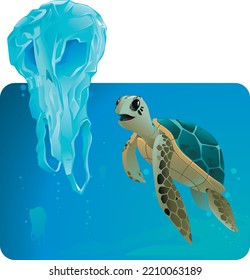 vector illustration of a seaturtles eating a plastic bag