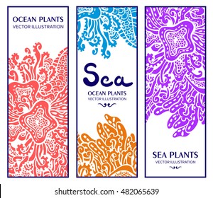 Vector illustration with seaweed. Postcard with ocean plants. Seabed illustration. Invitation or wrapping design. Can be used like invitation, card or menu design. Sea ornament.