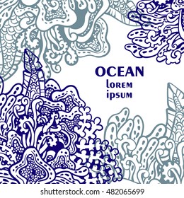 Vector illustration with seaweed. Postcard with ocean plants. Seabed illustration. Invitation or wrapping design. Can be used like invitation, card or menu design. Sea ornament.