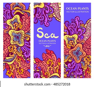 Vector illustration with seaweed. Postcard with ocean plants. Invitation or wrapping design. Can be used as invitation, card or menu design. Sea ornament. Exotic flowers. Tropical design.
