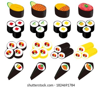 Vector illustration of seaweed roll .  Thick Sushi Roll . Vector illustration of salmon roe and sea urchin nigiri sushi. 
