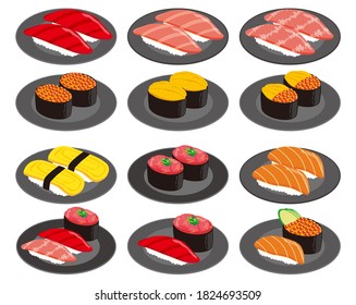 Vector illustration of seaweed roll .  Thick Sushi Roll . Vector illustration of salmon roe and sea urchin nigiri sushi. 