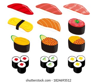 Vektorgrafik der Algenrolle .  Dick Sushi Roll . Vektorgrafik von Lachsroh und Seeigel Nigiri Sushi. 