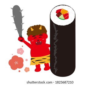 Vector illustration of seaweed rolls and demons. Japanese demon called "oni" that can be used for setsubun . Setsubun means japanese traditional event,holiday for end of winter in Japan . 