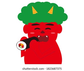 Vector illustration of seaweed rolls and demons. Japanese demon called "oni" that can be used for setsubun . Setsubun means japanese traditional event,holiday for end of winter in Japan . 