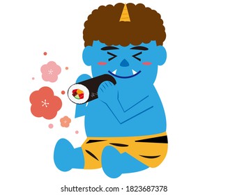 Vector illustration of seaweed rolls and demons. Japanese demon called "oni" that can be used for setsubun . Setsubun means japanese traditional event,holiday for end of winter in Japan . 