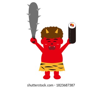 Vector illustration of seaweed rolls and demons. Japanese demon called "oni" that can be used for setsubun . Setsubun means japanese traditional event,holiday for end of winter in Japan . 