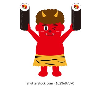 Vector illustration of seaweed rolls and demons. Japanese demon called "oni" that can be used for setsubun . Setsubun means japanese traditional event,holiday for end of winter in Japan . 