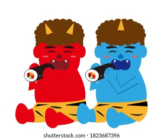 Vector illustration of seaweed rolls and demons. Japanese demon called "oni" that can be used for setsubun . Setsubun means japanese traditional event,holiday for end of winter in Japan . 