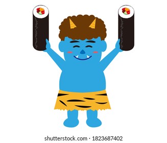 Ilustración vectorial de rollos de algas y demonios. El demonio japonés llamado "oni" que se puede usar para setsubun . Setsubun significa acontecimiento tradicional japonés, feriado para el final del invierno en Japón. 