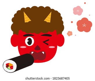 Vector illustration of seaweed rolls and demons. Japanese demon called "oni" that can be used for setsubun . Setsubun means japanese traditional event,holiday for end of winter in Japan . 