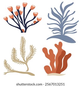 Vector illustration of seaweed, waves, water and fish