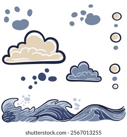 Vector illustration of seaweed, waves, water and fish