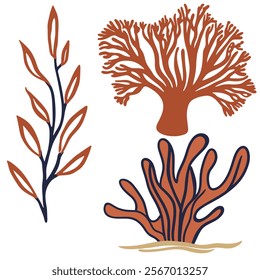 Vector illustration of seaweed, waves, water and fish