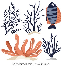 Vector illustration of seaweed, waves, water and fish