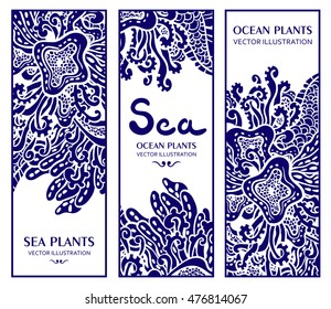 Vector illustration with seaweeds. Postcard with ocean plants. Seabed illustration. Invitation or wrapping design. Can be used like invitation, card or menu design. Sea ornament.