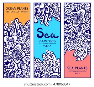 Vector illustration with seaweeds. Postcard with ocean plants. Seabed illustration. Invitation or wrapping design. Can be used like invitation, card or menu design. Sea ornament.