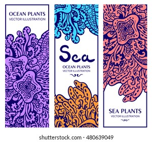 Vector illustration with seaweeds. Postcard with ocean plants. Seabed illustration. Invitation or wrapping design. Can be used like invitation, card or menu design. Sea ornament.