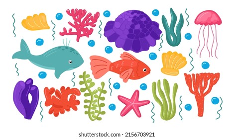 Vector illustration of seaweeds and sea animals. Underwater life set. Isolated Marine Life on white background.