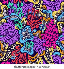 Vector illustration with seaweeds. Seamless pattern with sea plants. May be used in textile, packing, decor.  Seabed illustration.