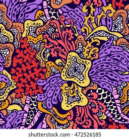 Vector illustration with seaweeds. Seamless pattern with sea plants. May be used in textile, packing, decor. Seabed illustration.