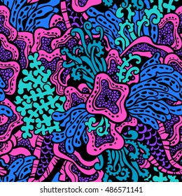 Vector illustration with seaweeds. Seamless pattern with sea plants. May be used in textile, packing, decor. Seabed illustration. Exotic flowers. Tropical design.