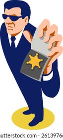 Ilustración vectorial de un agente secreto detective policía policía mostrando la insignia de identificación hecha en estilo art deco retro visto desde un ángulo alto.