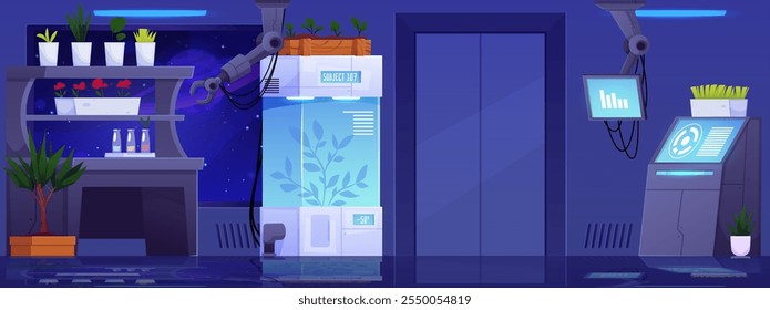 Vector illustration of a secret laboratory in a bunker with biotechnologies in a futuristic style. Key elements: a robot arm, flower pots, capsules and a cryostage.