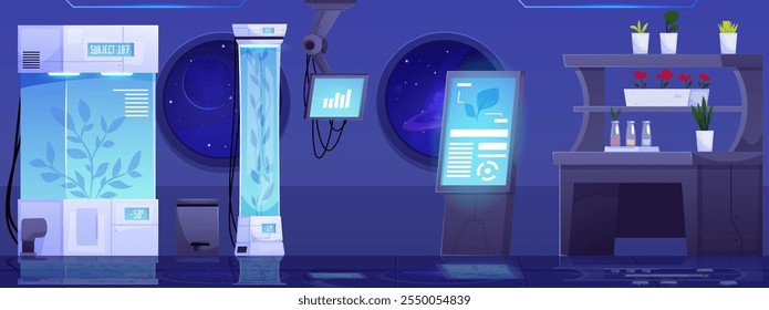 Vector illustration of secret laboratory in outer space with biotechnologies in futuristic style. Key elements: robot arm, flower pots, capsules and cryostage.