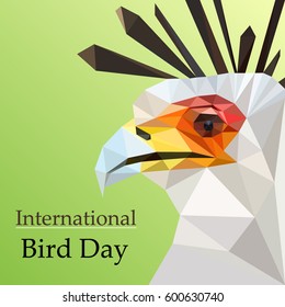 Vector illustration of a secretary bird sagittarius serpentarius stylized triangle polygonal model. Low poly design.