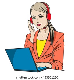 Vector illustration of a secretary with headphones and microphone sitting at a laptop. Isolated on a white background. The concept of the center of the phone call.