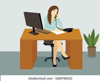 Vector illustration of secretary sitting at the table, working workplace talks on phone. Design concept of the secretary or administrator in office workplace