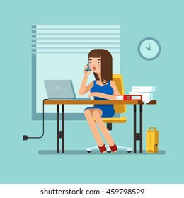 Vector illustration of secretary sitting at the table, working  with office papers, laptop, talks on phone . Design concept of  administrator in office workplace