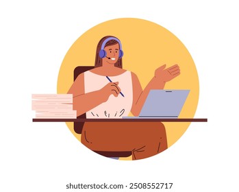 Ilustração vetorial de secretária usando um fone de ouvido, sentada em uma mesa com um laptop e uma pilha de papéis. Ela está gestando com uma mão enquanto segura uma caneta na outra.