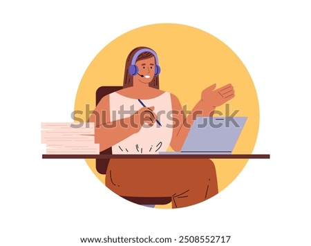 Vector illustration of secretary wearing a headset, sitting at a desk with a laptop and a stack of papers. She is gesturing with one hand while holding a pen in the other.